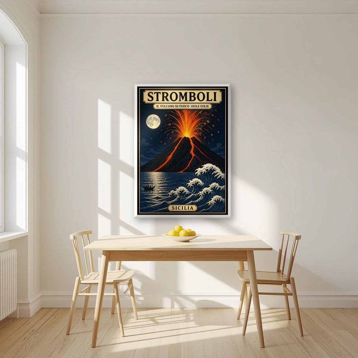 Il Vulcano Di Fuoco — Sicily art print, in a white frame, styled in a kitchen