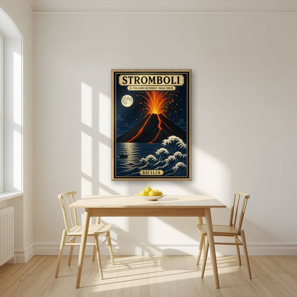 Il Vulcano Di Fuoco — Sicily art print, in an oak frame, styled in a kitchen