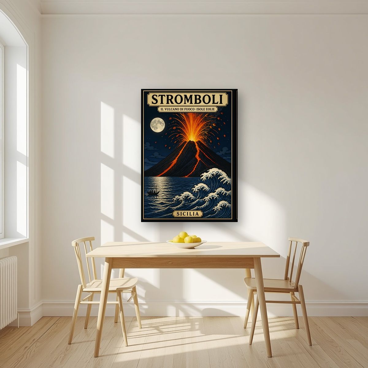 Il Vulcano Di Fuoco — Sicily art print, on slim canvas, styled in a kitchen