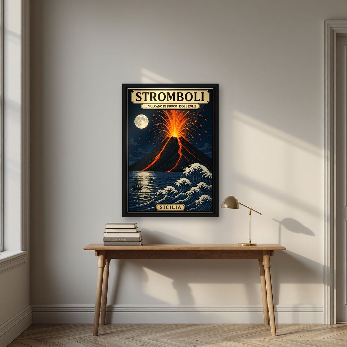 Il Vulcano Di Fuoco — Sicily art print, in a black frame, styled in a desk