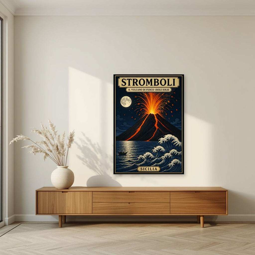 Il Vulcano Di Fuoco — Sicily art print, unframed poster, styled in a living room