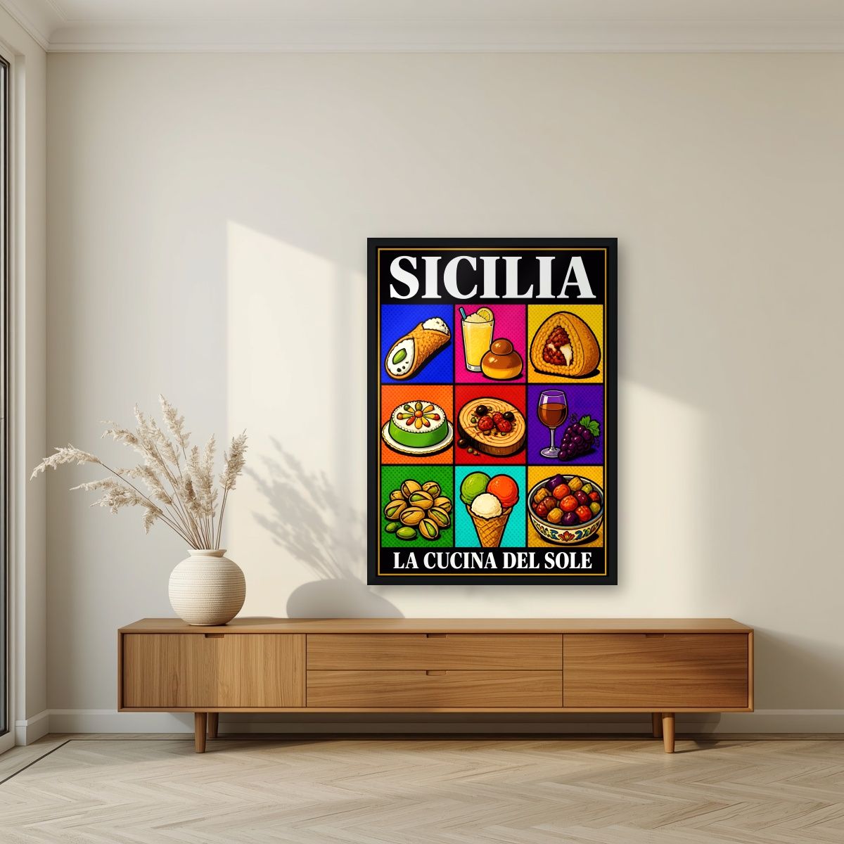 La Cucina Del Sole — Sicily art print, in a black frame, styled in a living room