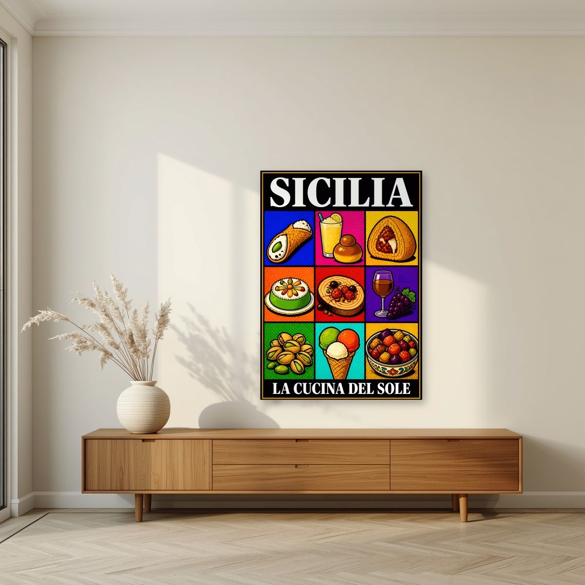 La Cucina Del Sole — Sicily art print, unframed poster, styled in a living room