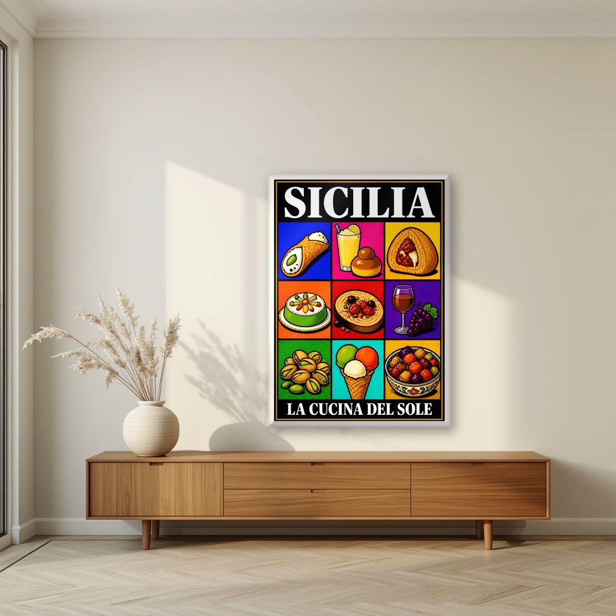 La Cucina Del Sole — Sicily art print, in a white frame, styled in a living room