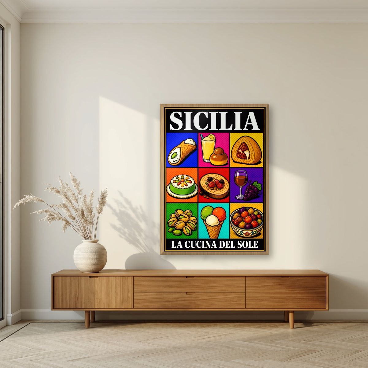 La Cucina Del Sole — Sicily art print, in an oak frame, styled in a living room