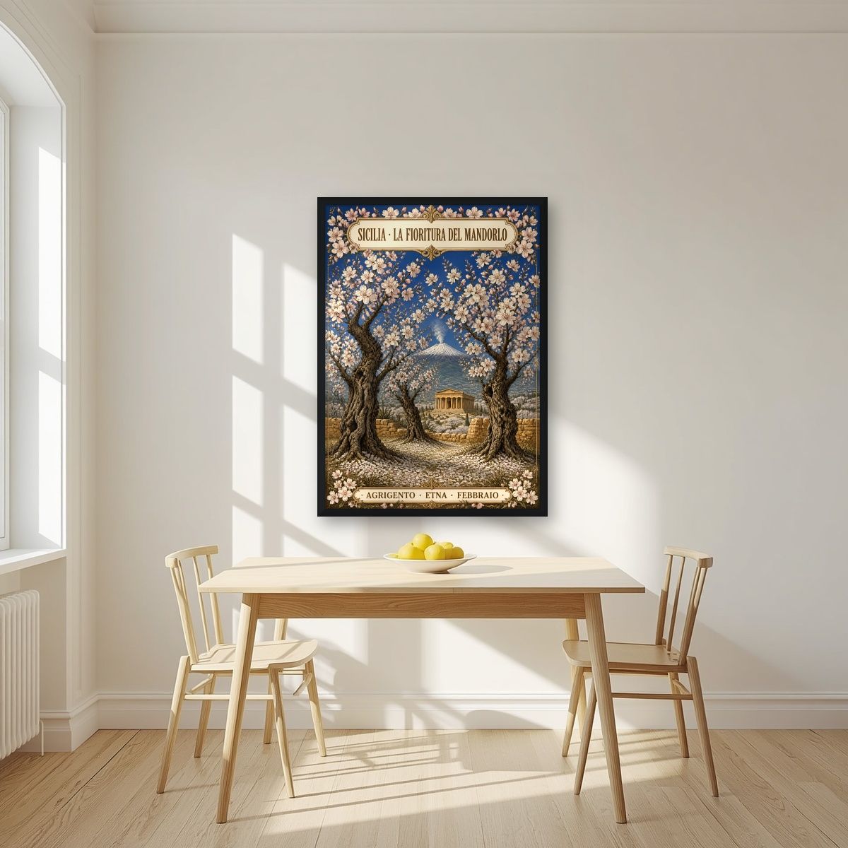 La Fioritura Del Mandorlo — Sicily art print, in a black frame, styled in a kitchen