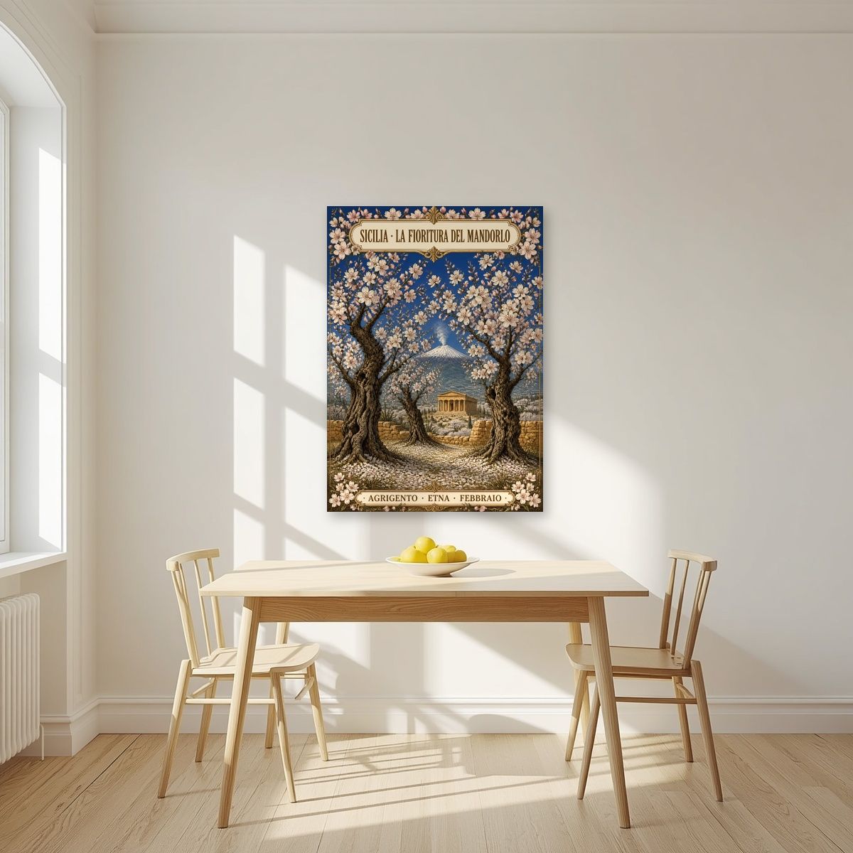 La Fioritura Del Mandorlo — Sicily art print, unframed poster, styled in a kitchen