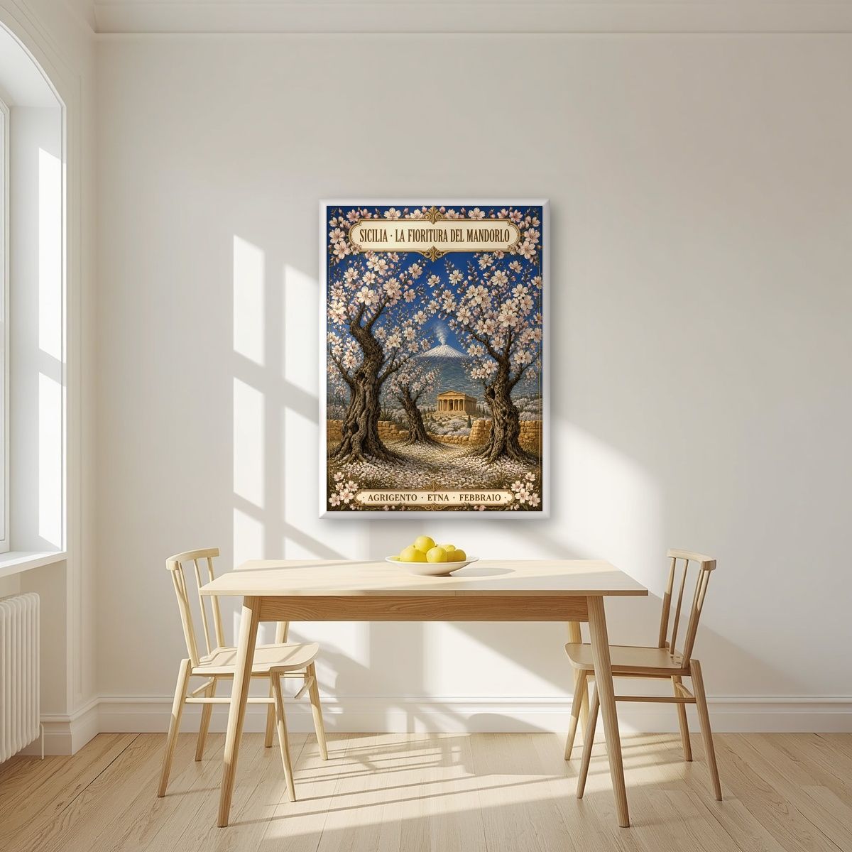 La Fioritura Del Mandorlo — Sicily art print, in a white frame, styled in a kitchen