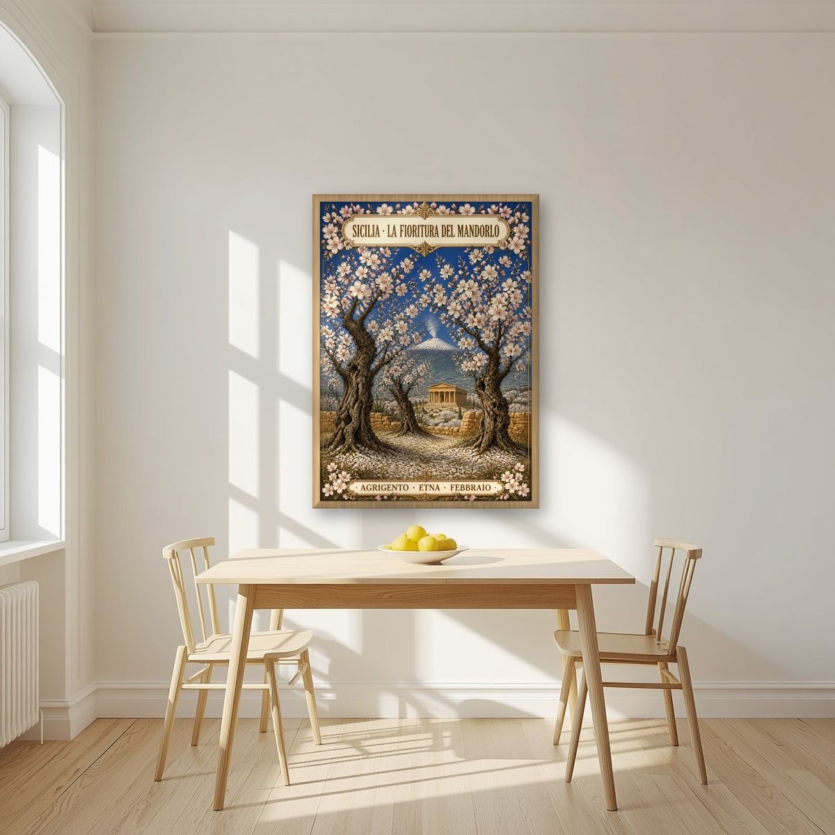 La Fioritura Del Mandorlo — Sicily art print, in an oak frame, styled in a kitchen