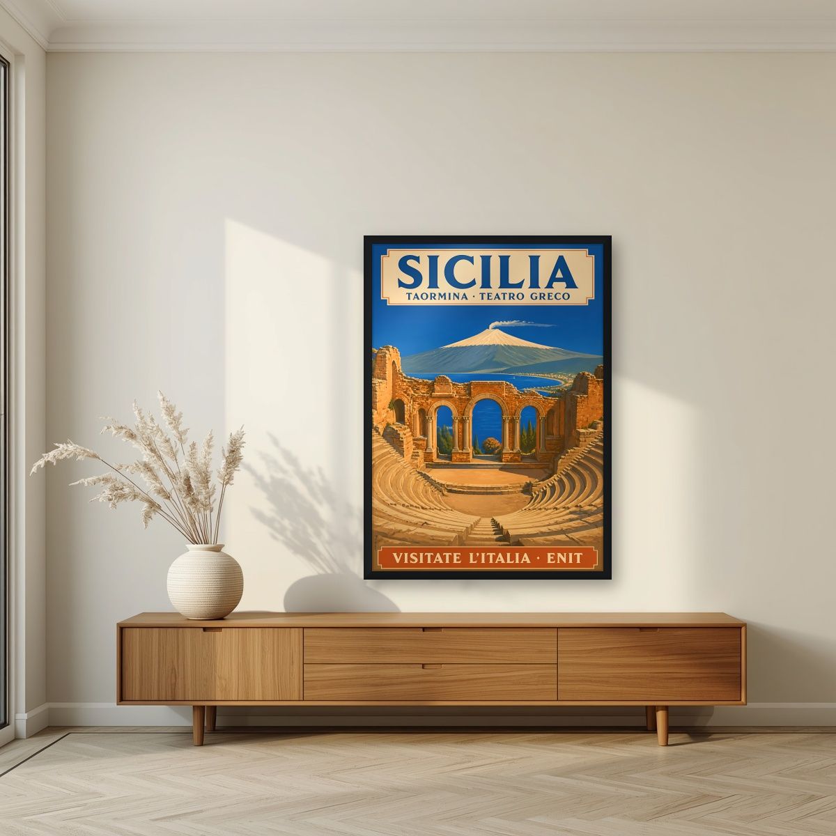 Teatro Greco — Sicily art print, in a black frame, styled in a living room