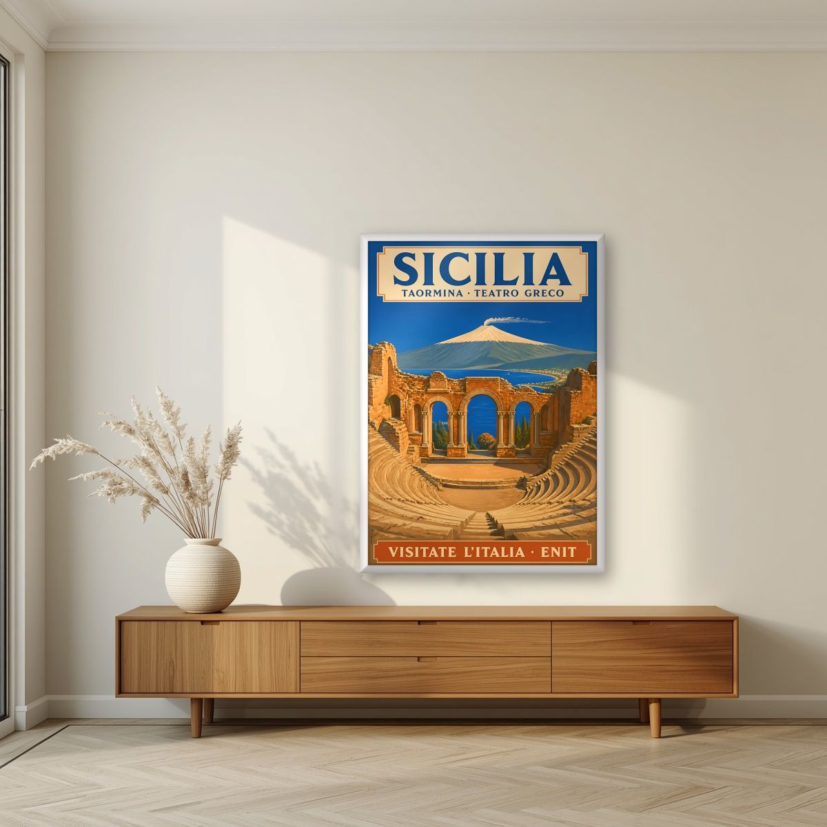 Teatro Greco — Sicily art print, in a white frame, styled in a living room