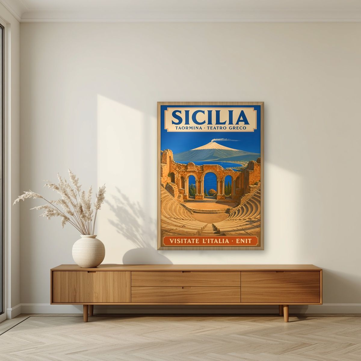 Teatro Greco — Sicily art print, in an oak frame, styled in a living room