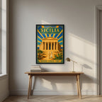 Valle Dei Templi — Sicily art print, in a black frame, styled in a desk