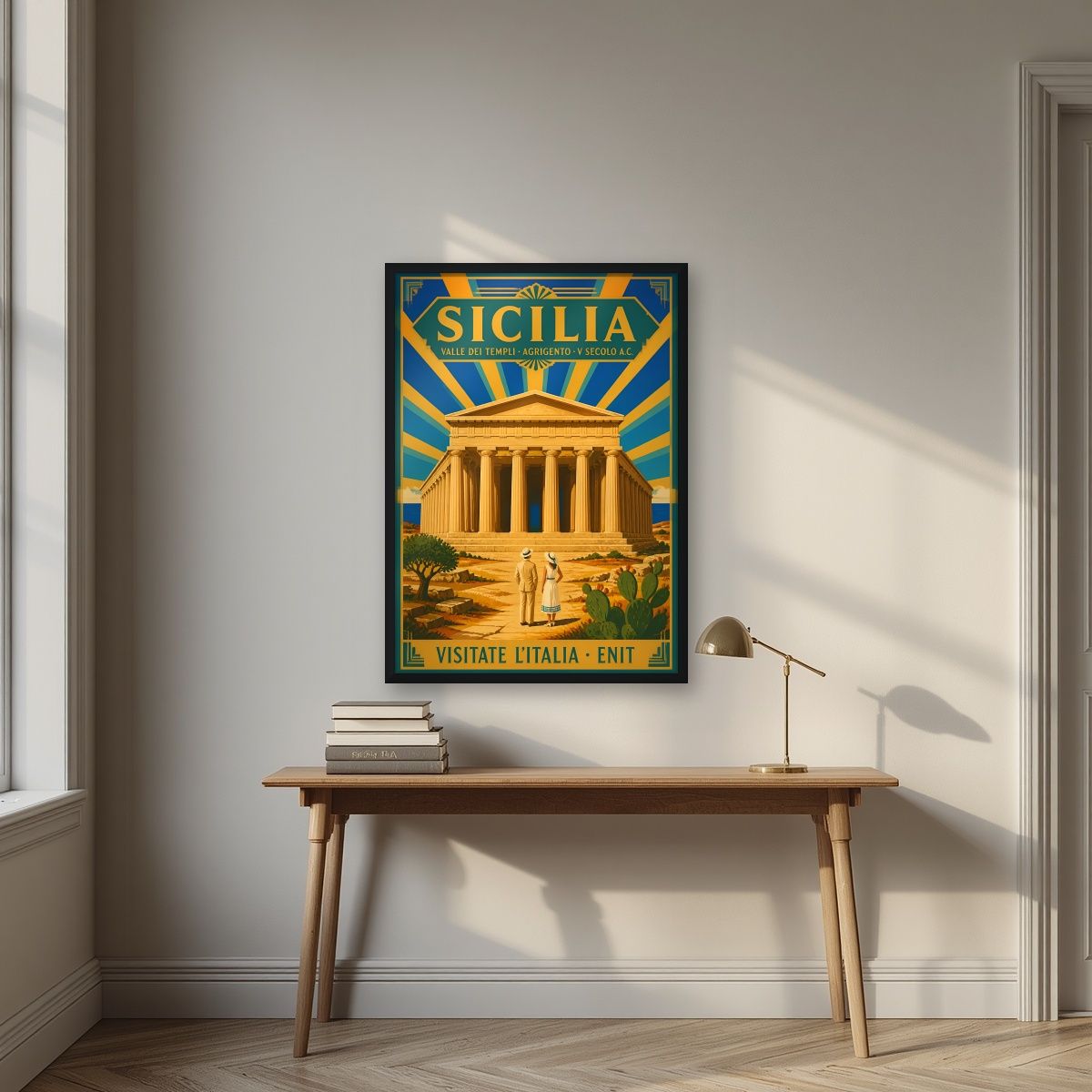 Valle Dei Templi — Sicily art print, in a black frame, styled in a desk