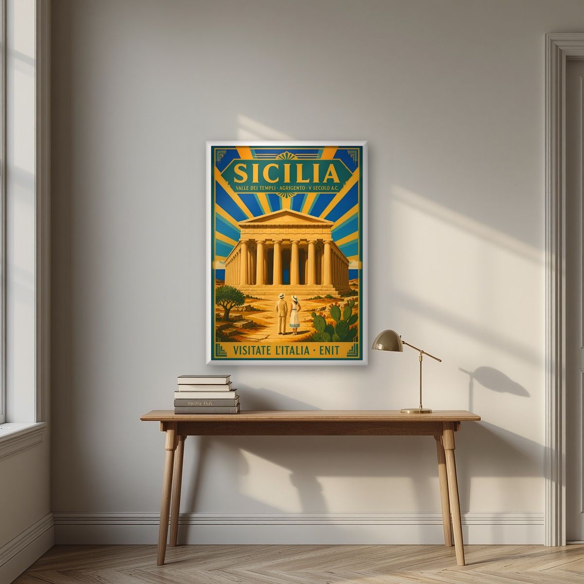 Valle Dei Templi — Sicily art print, in a white frame, styled in a desk