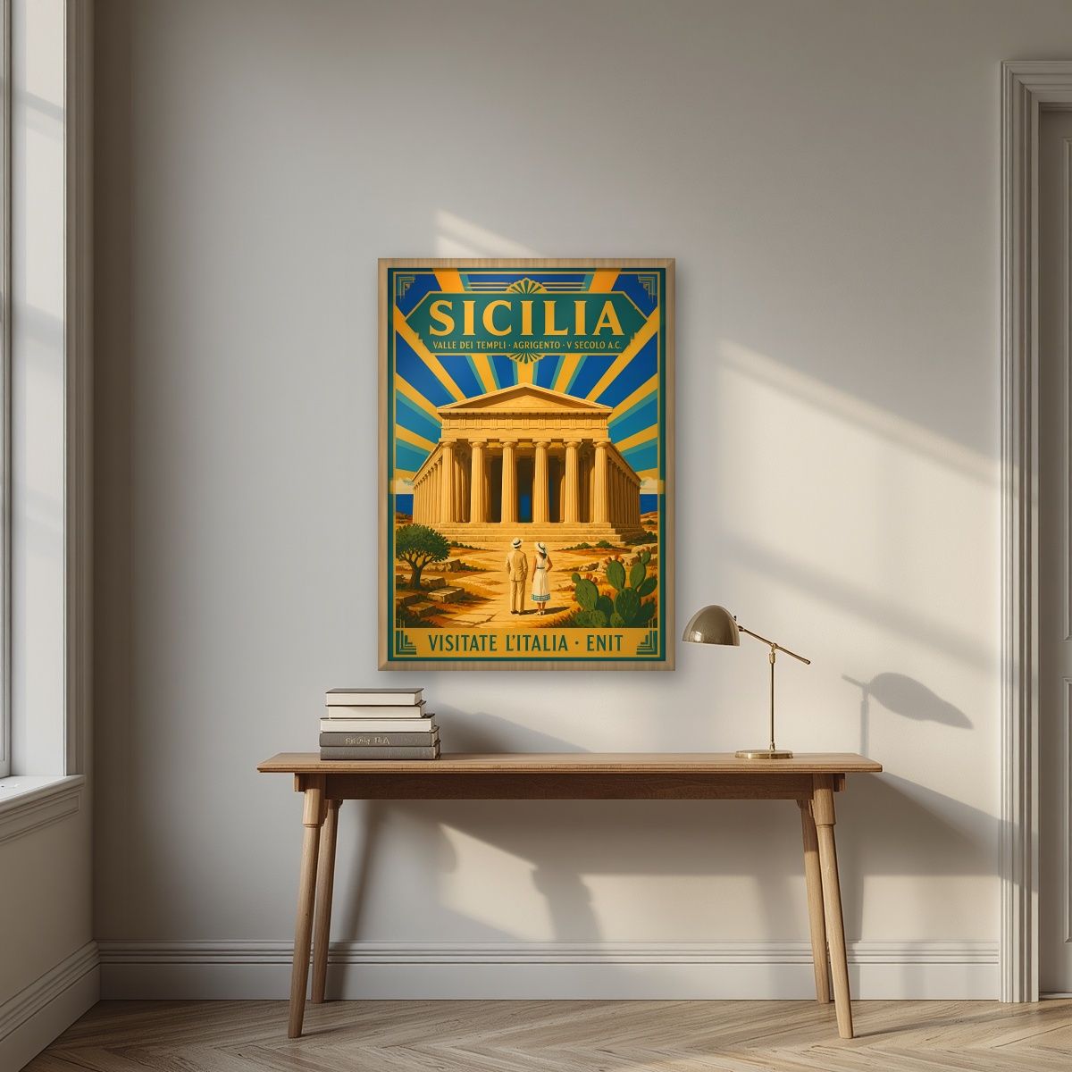 Valle Dei Templi — Sicily art print, in an oak frame, styled in a desk