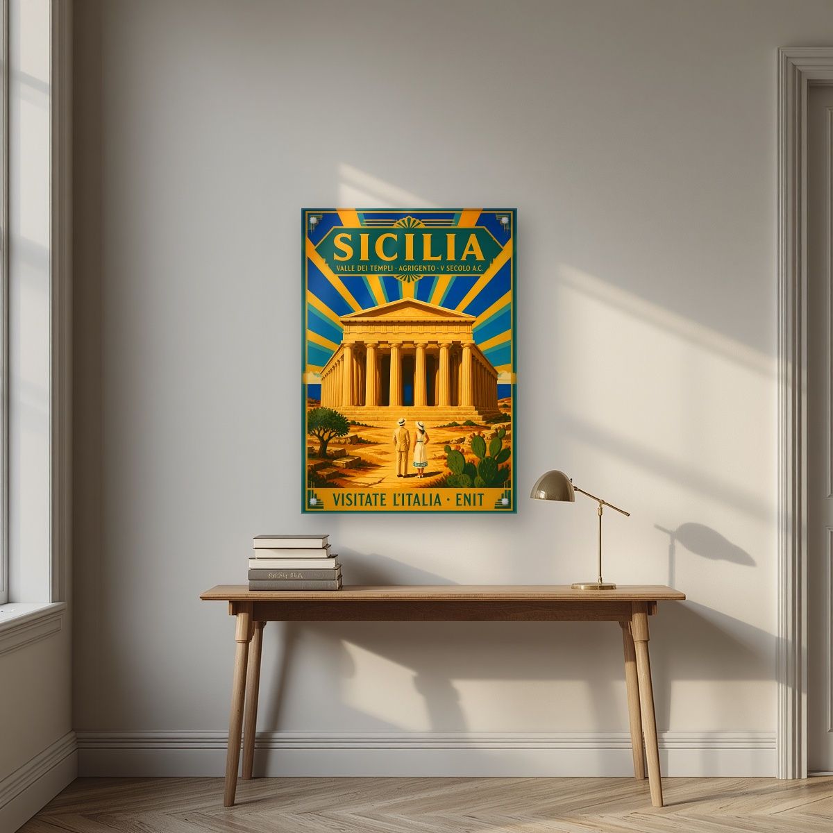 Valle Dei Templi — Sicily art print, as an acrylic print, styled in a desk