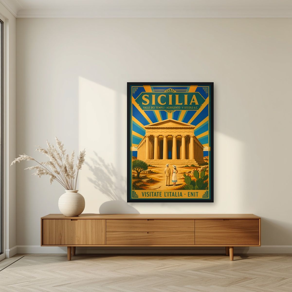 Valle Dei Templi — Sicily art print, in a black frame, styled in a living room