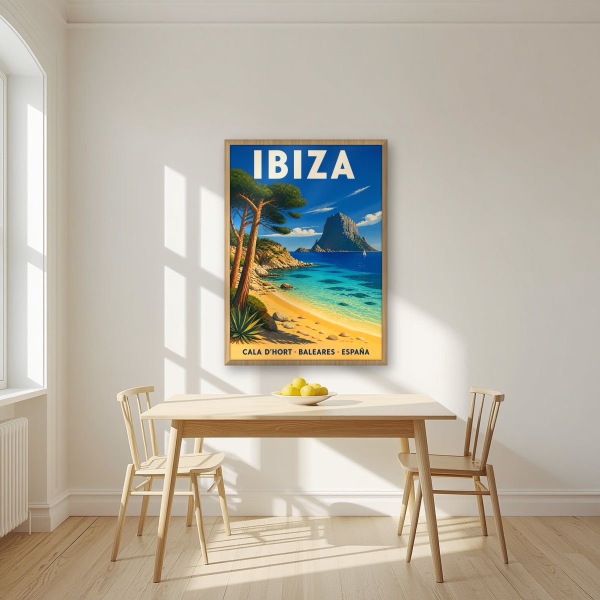 Cala d'Hort — Ibiza art print, in an oak frame, styled in a kitchen