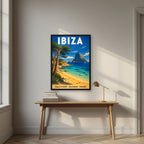 Cala d'Hort — Ibiza art print, in a black frame, styled in a desk
