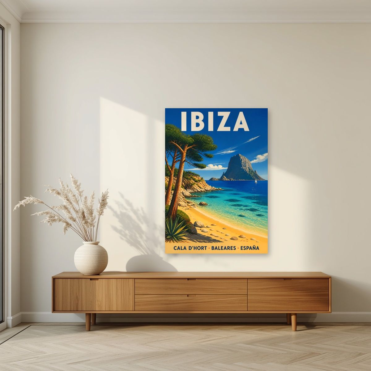 Cala d'Hort — Ibiza art print, unframed poster, styled in a living room