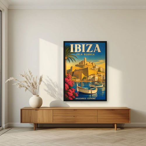 Dalt Vila — Ibiza art print, in a black frame, styled in a living room