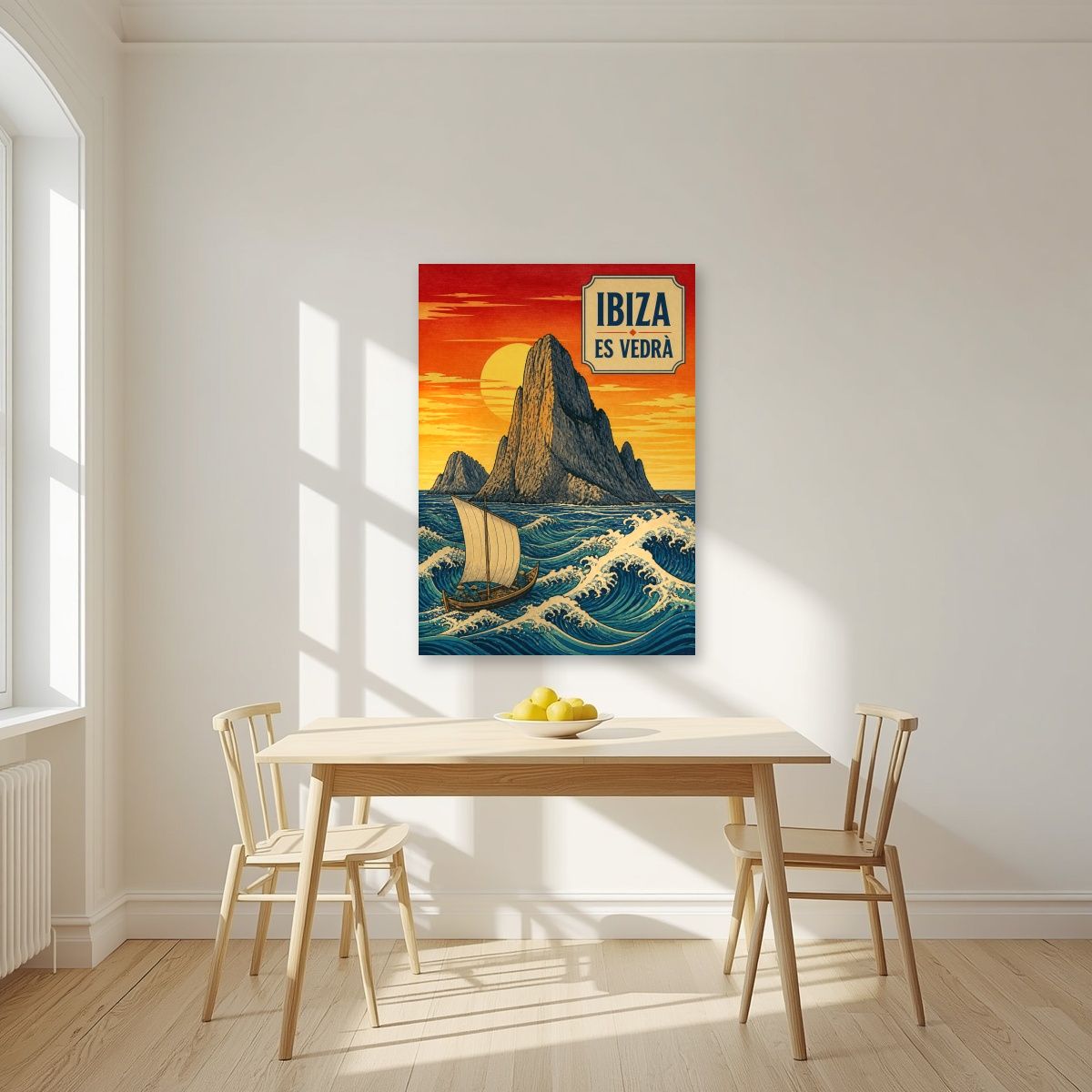 Es Vedra — Ibiza art print, unframed poster, styled in a kitchen