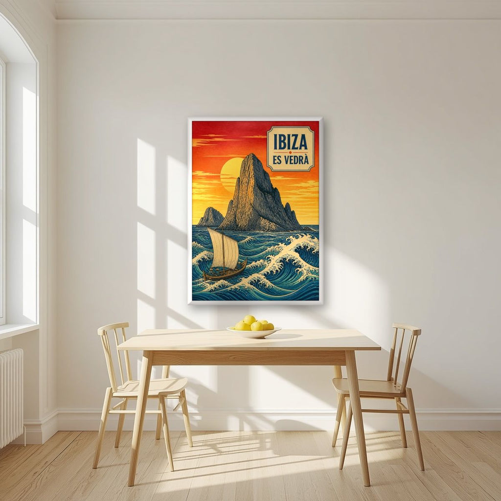 Es Vedra — Ibiza art print, in a white frame, styled in a kitchen