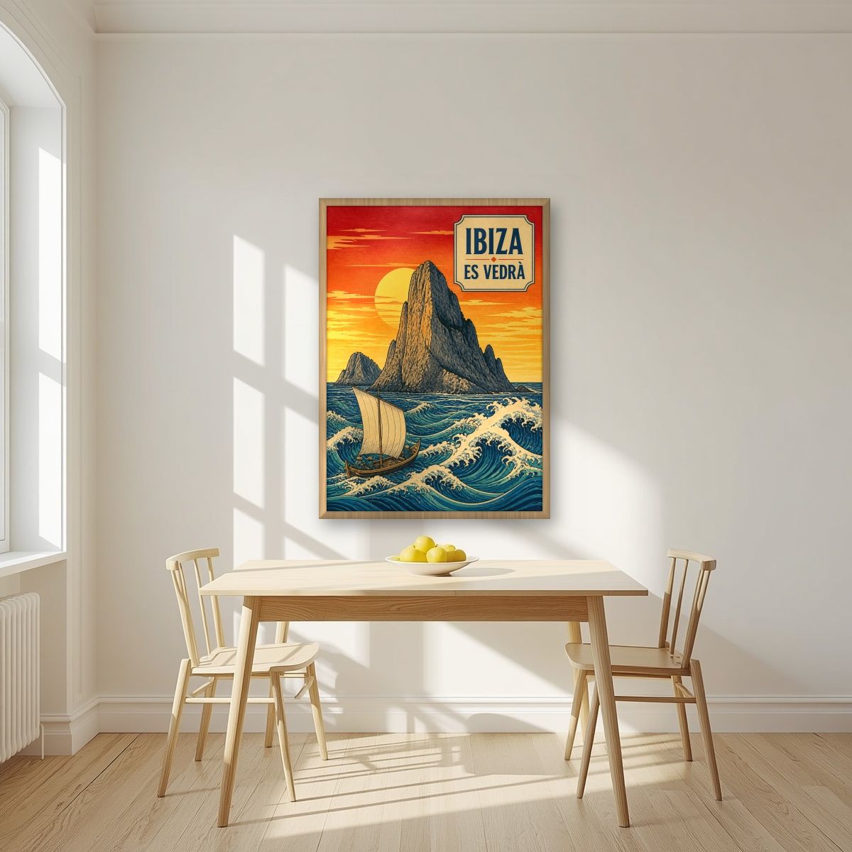 Es Vedra — Ibiza art print, in an oak frame, styled in a kitchen