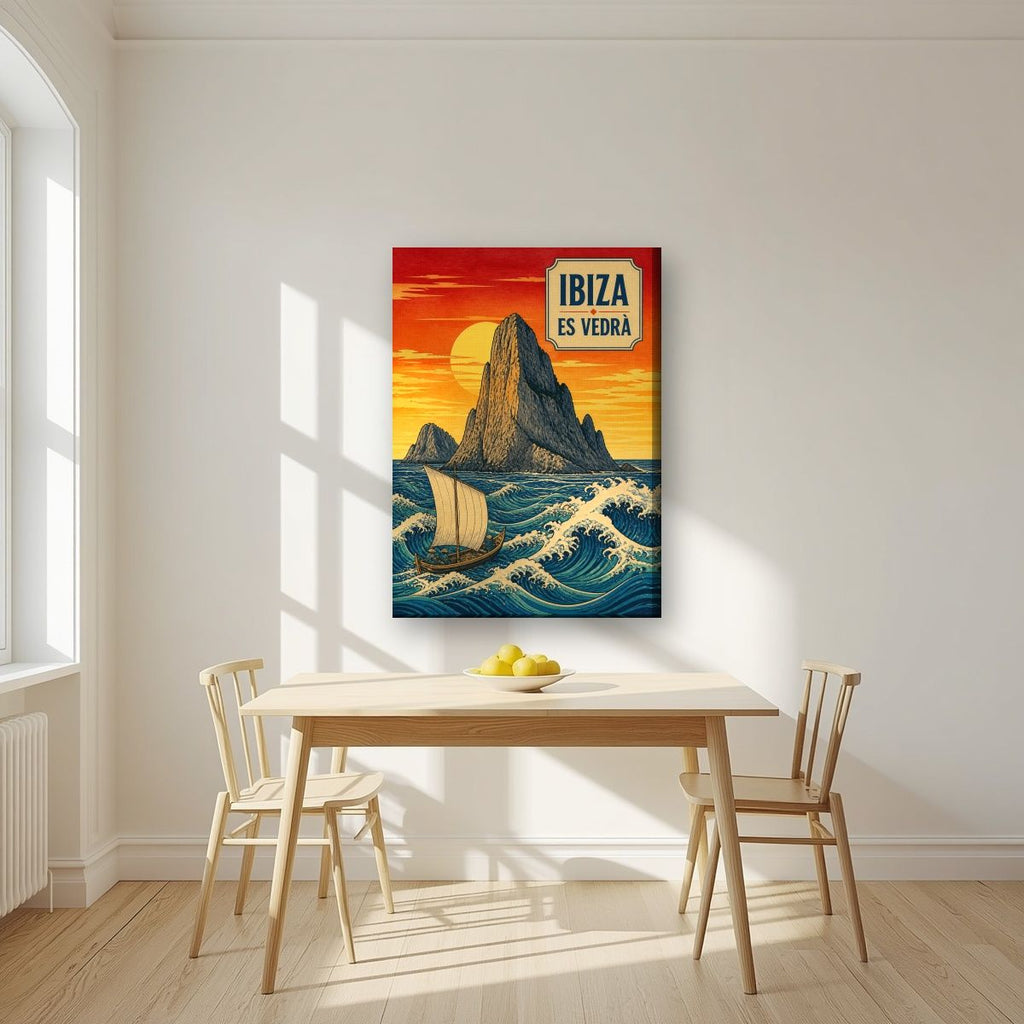Es Vedra — Ibiza art print, on slim canvas, styled in a kitchen