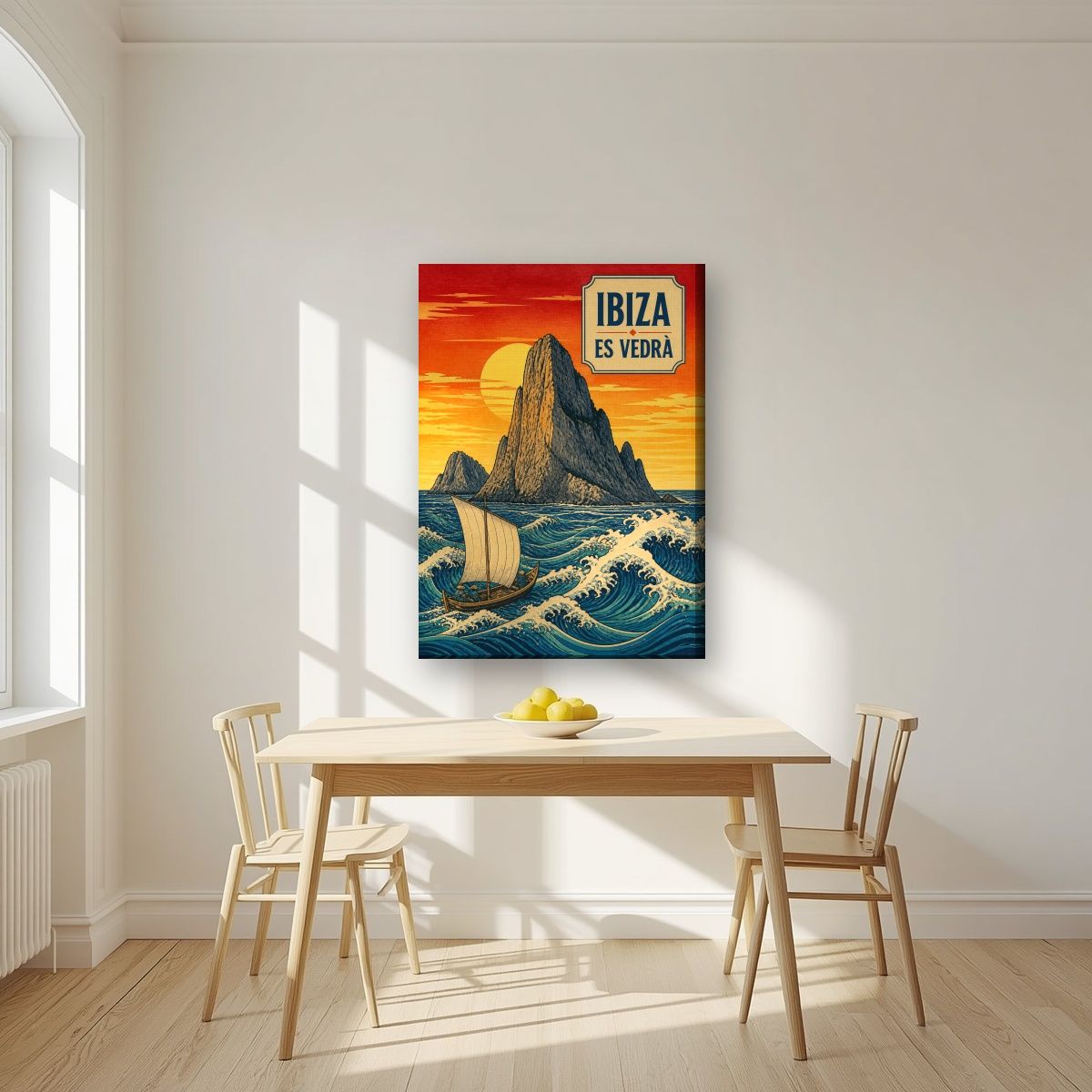Es Vedra — Ibiza art print, on slim canvas, styled in a kitchen