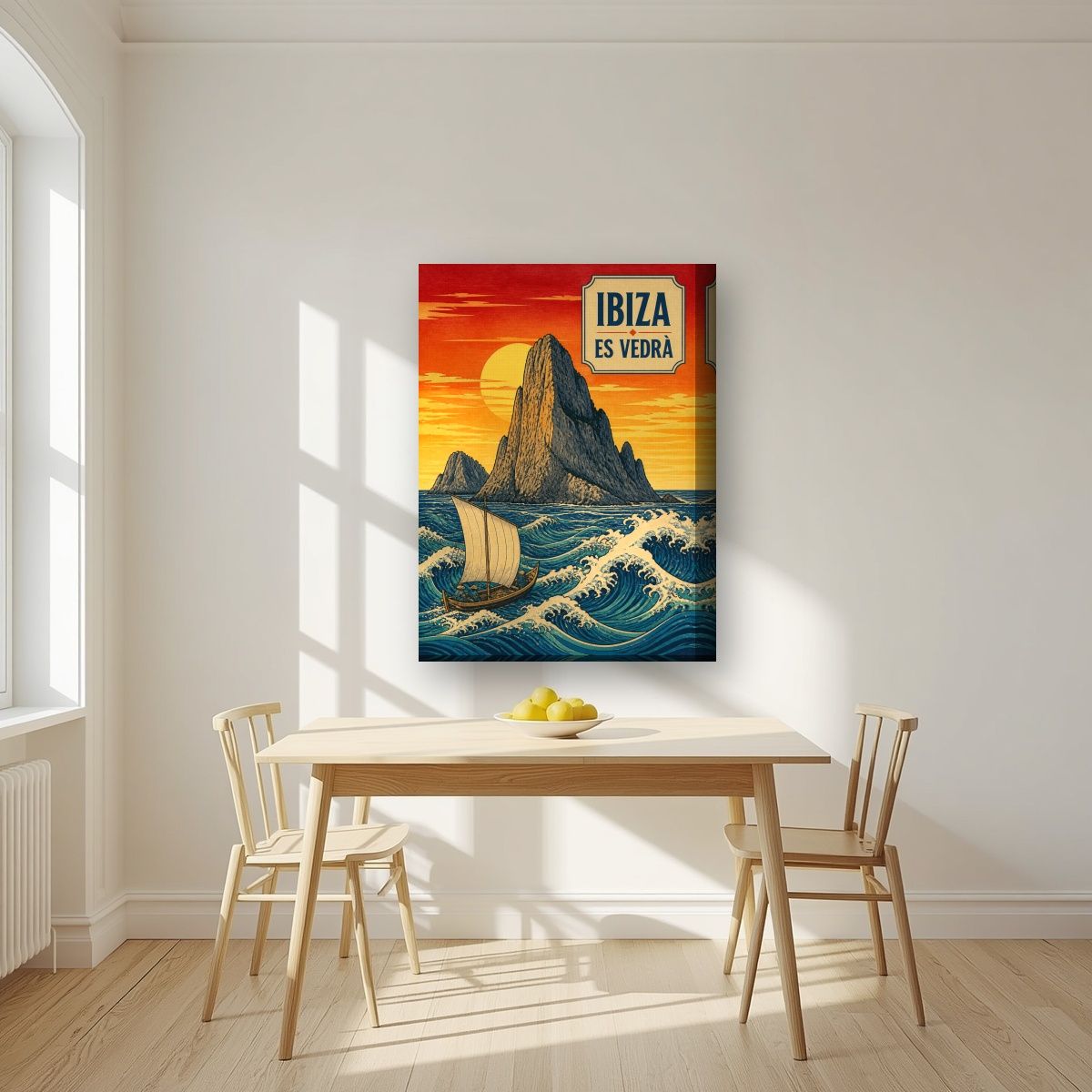 Es Vedra — Ibiza art print, on thick canvas, styled in a kitchen