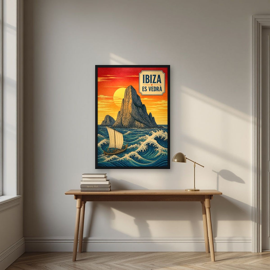 Es Vedra — Ibiza art print, in a black frame, styled in a desk