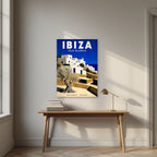 Isla Blanca — Ibiza art print, unframed poster, styled in a desk