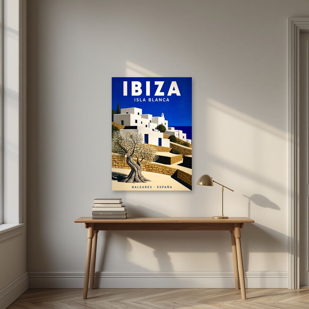 Isla Blanca — Ibiza art print, unframed poster, styled in a desk