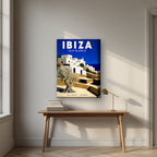 Isla Blanca — Ibiza art print, on thick canvas, styled in a desk