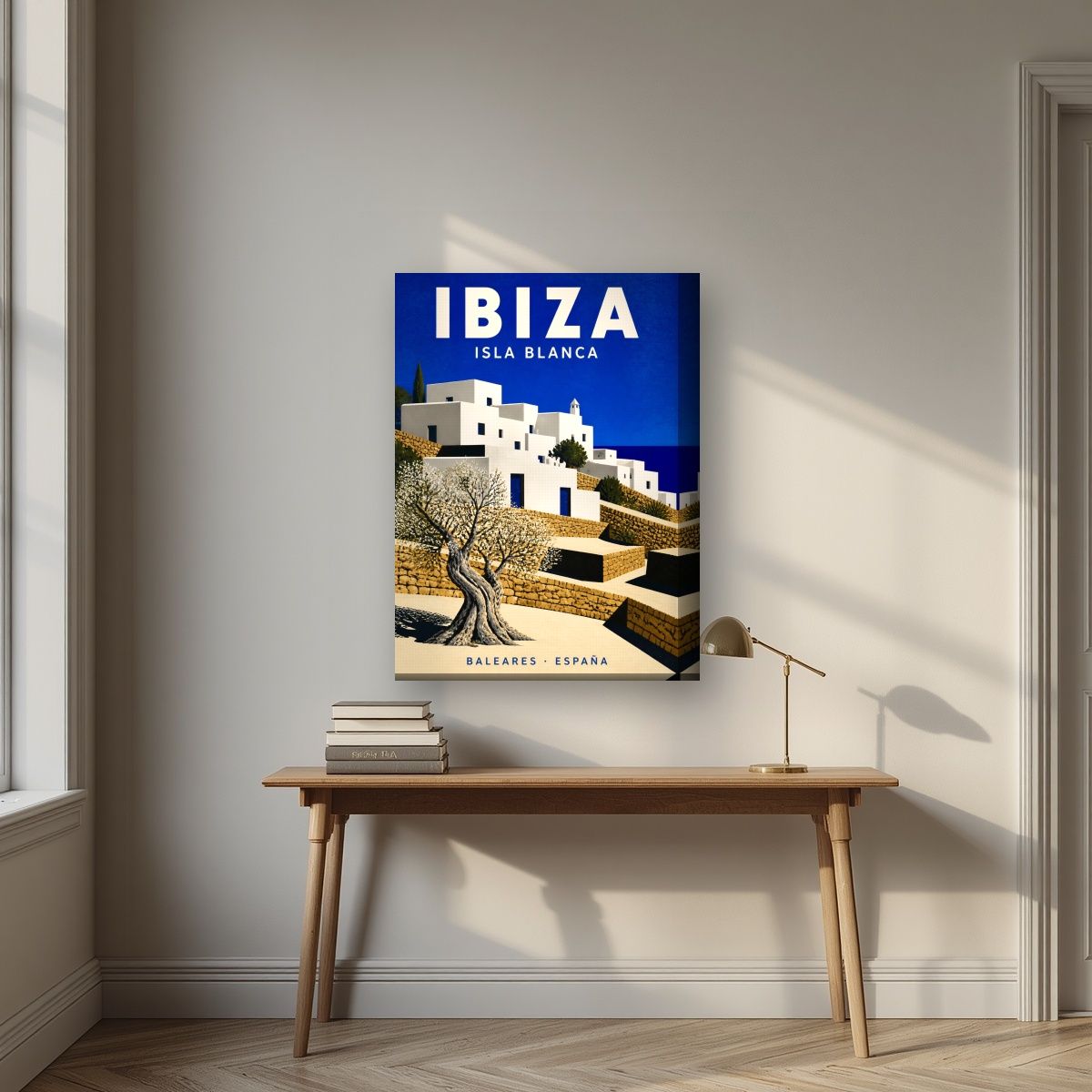 Isla Blanca — Ibiza art print, on thick canvas, styled in a desk