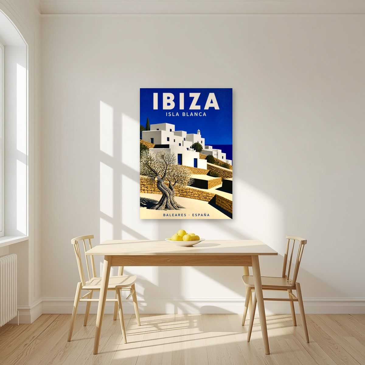 Isla Blanca — Ibiza art print, unframed poster, styled in a kitchen