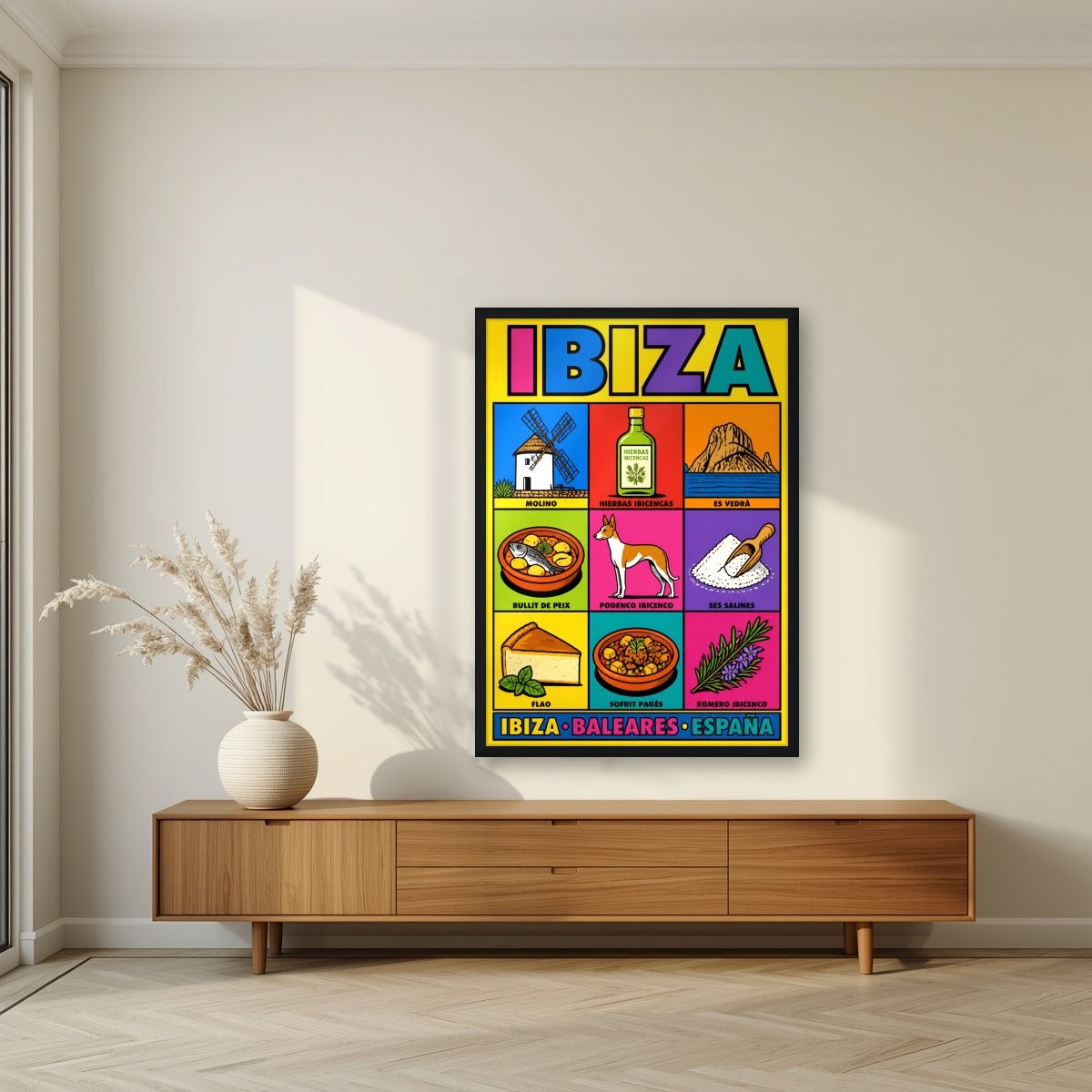Sabores de Eivissa — Ibiza art print, in a black frame, styled in a living room