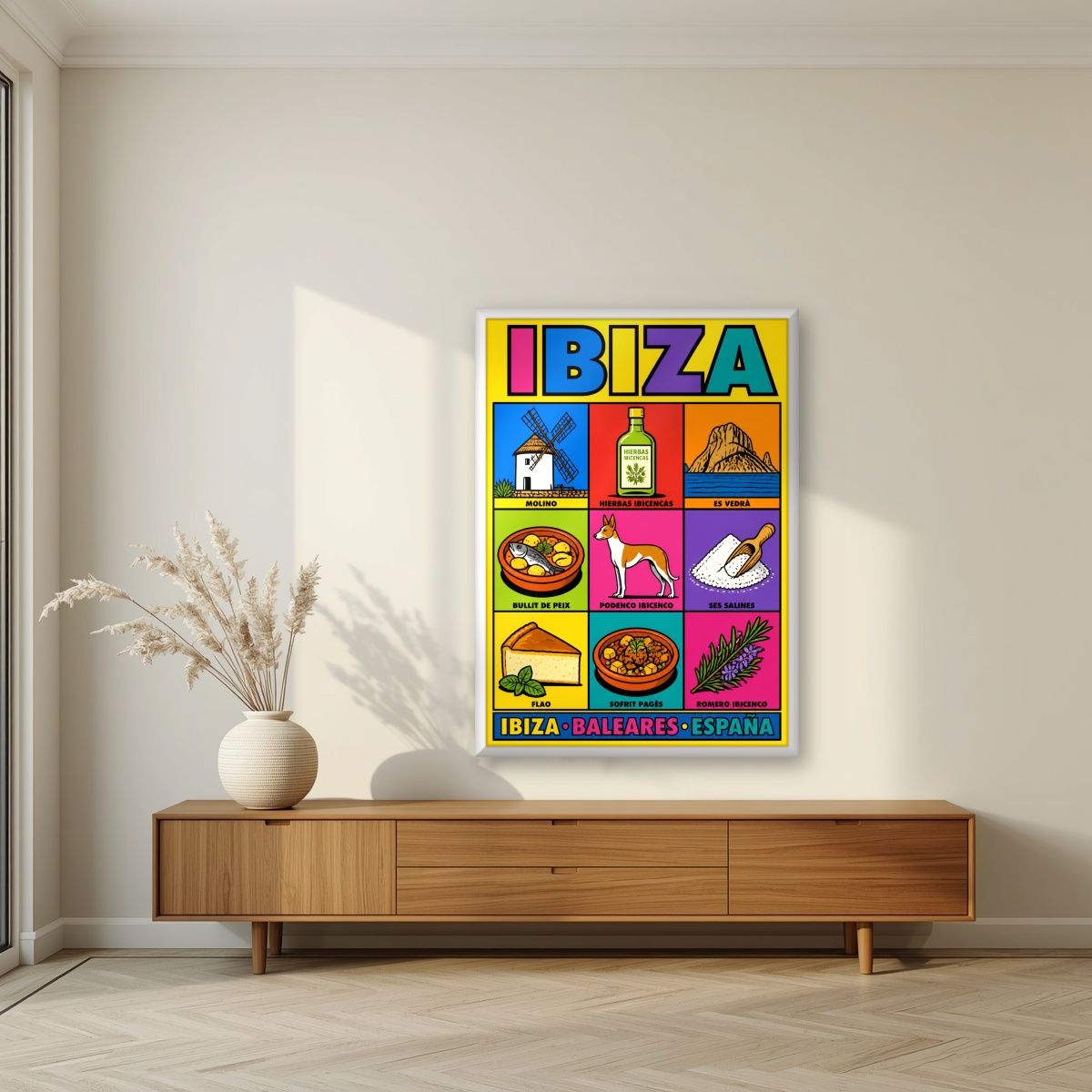 Sabores de Eivissa — Ibiza art print, in a white frame, styled in a living room