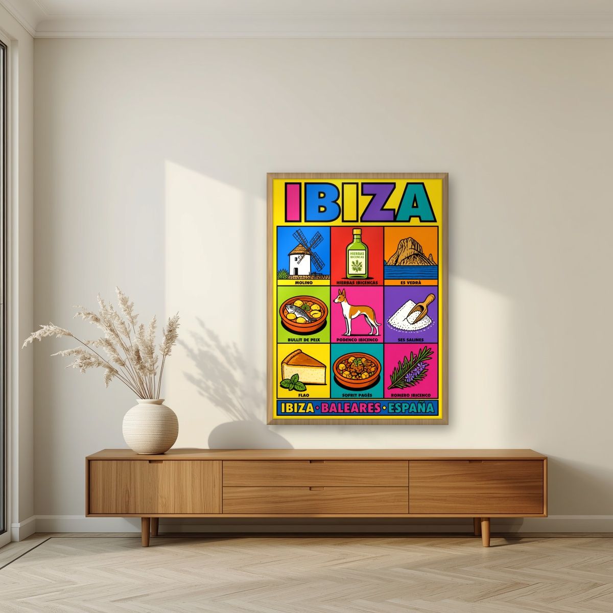 Sabores de Eivissa — Ibiza art print, in an oak frame, styled in a living room