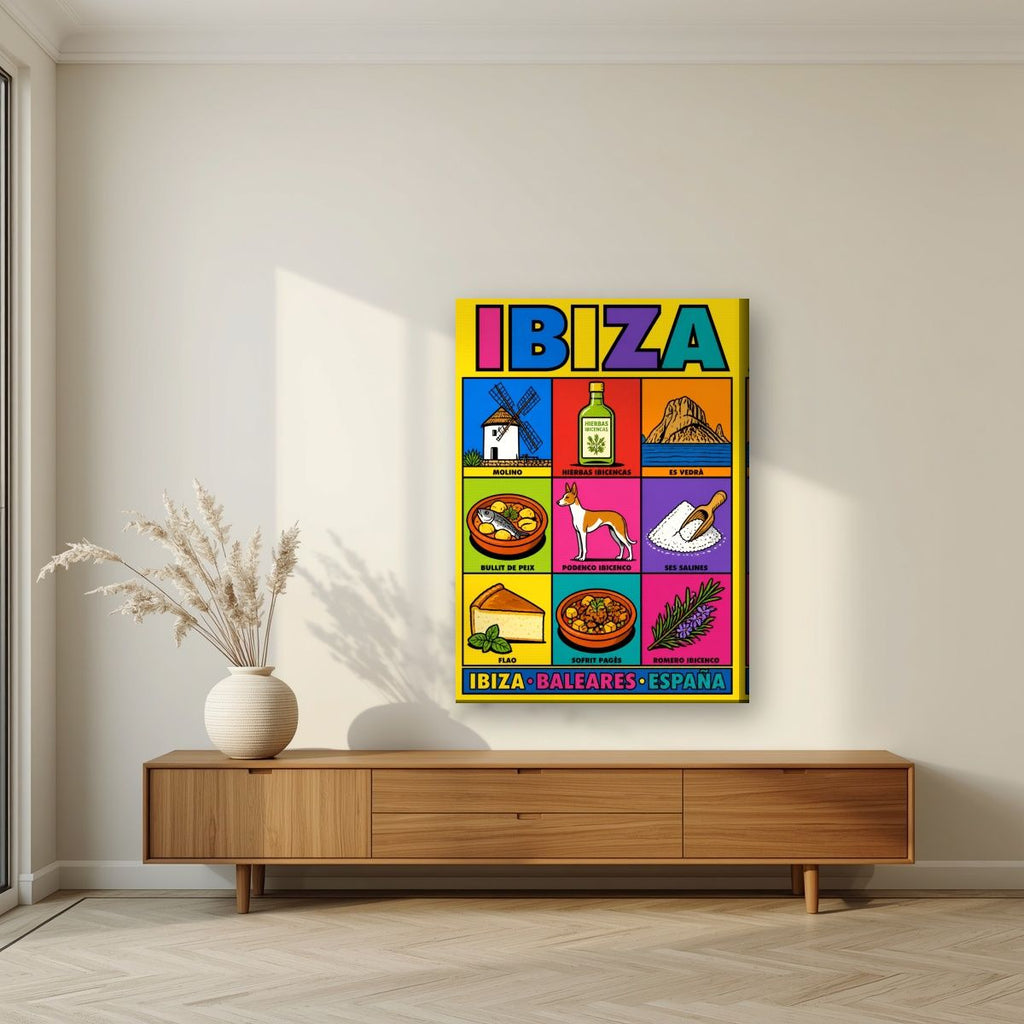 Sabores de Eivissa — Ibiza art print, on slim canvas, styled in a living room