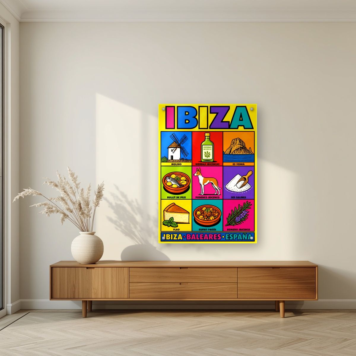 Sabores de Eivissa — Ibiza art print, as an acrylic print, styled in a living room
