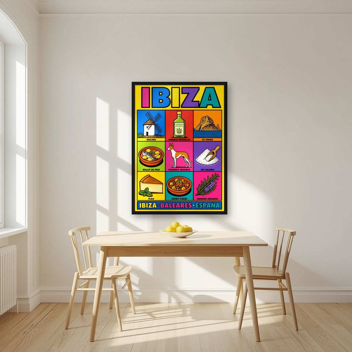 Sabores de Eivissa — Ibiza art print, in a black frame, styled in a kitchen