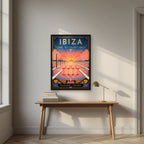 Ses Salines — Ibiza art print, in a black frame, styled in a desk
