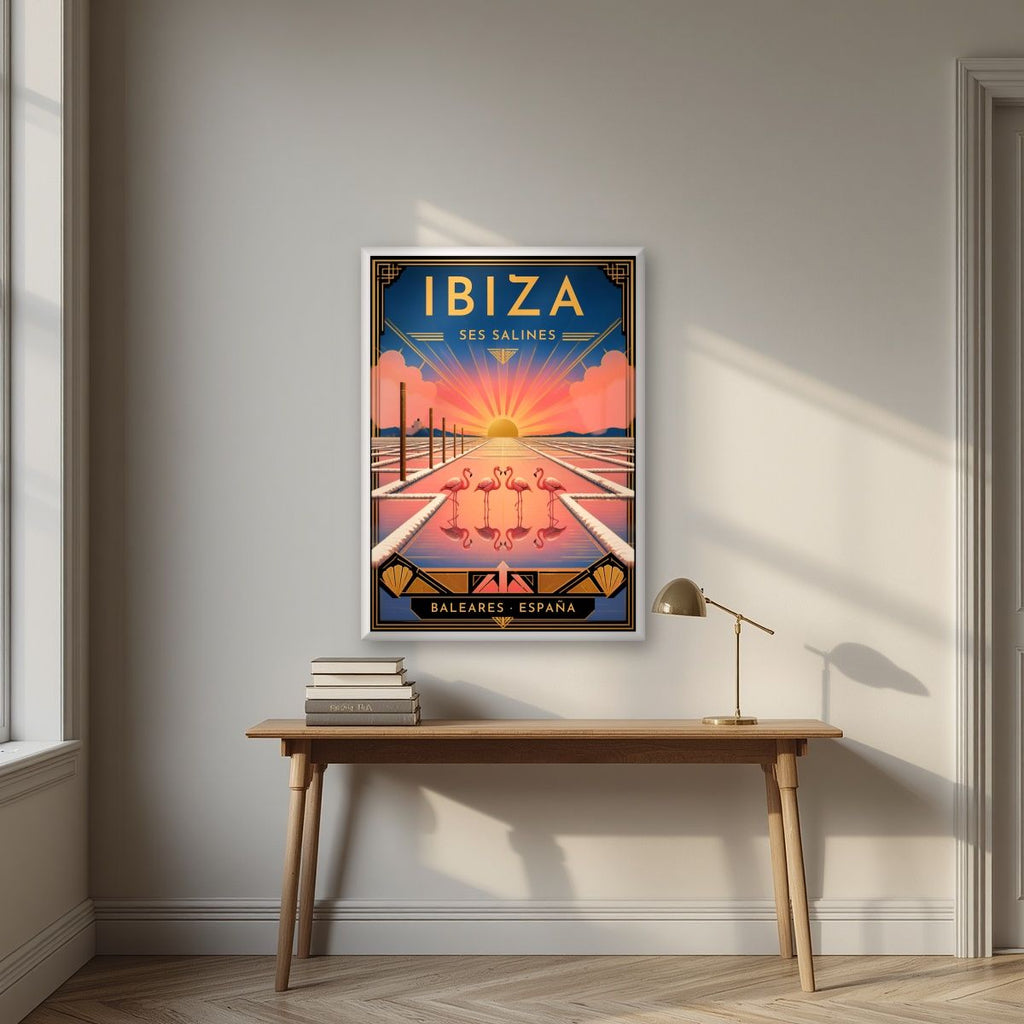 Ses Salines — Ibiza art print, in a white frame, styled in a desk