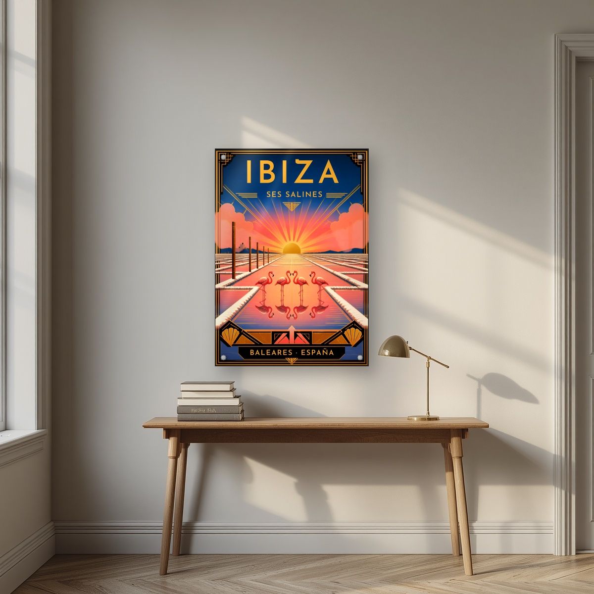 Ses Salines — Ibiza art print, as an acrylic print, styled in a desk