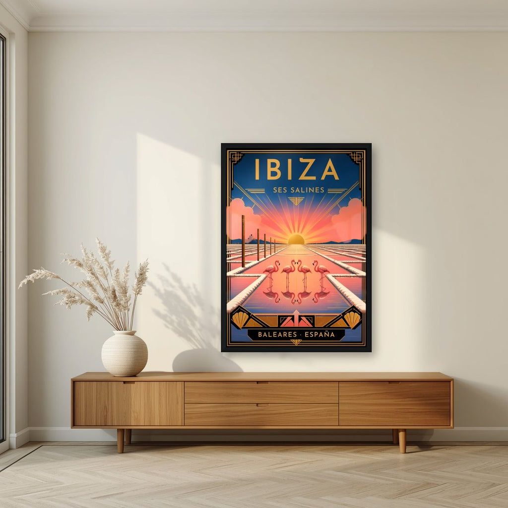 Ses Salines — Ibiza art print, in a black frame, styled in a living room