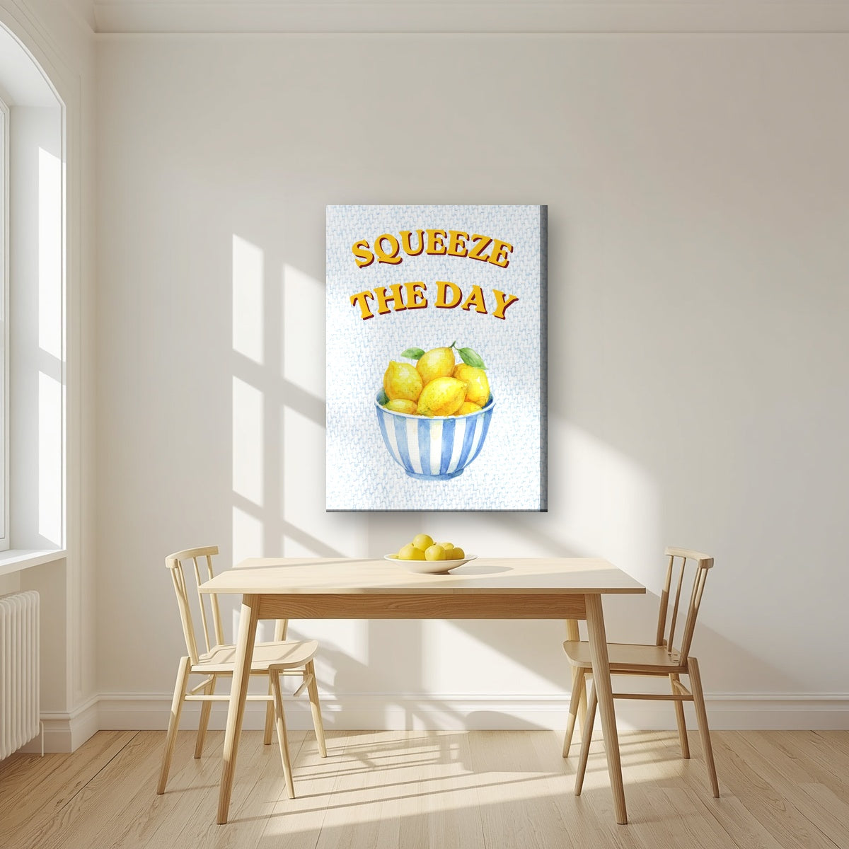 Squeeze The Day – Amalfi Aqua on a slim-edge canvas, above a dining table in a bright kitchen
