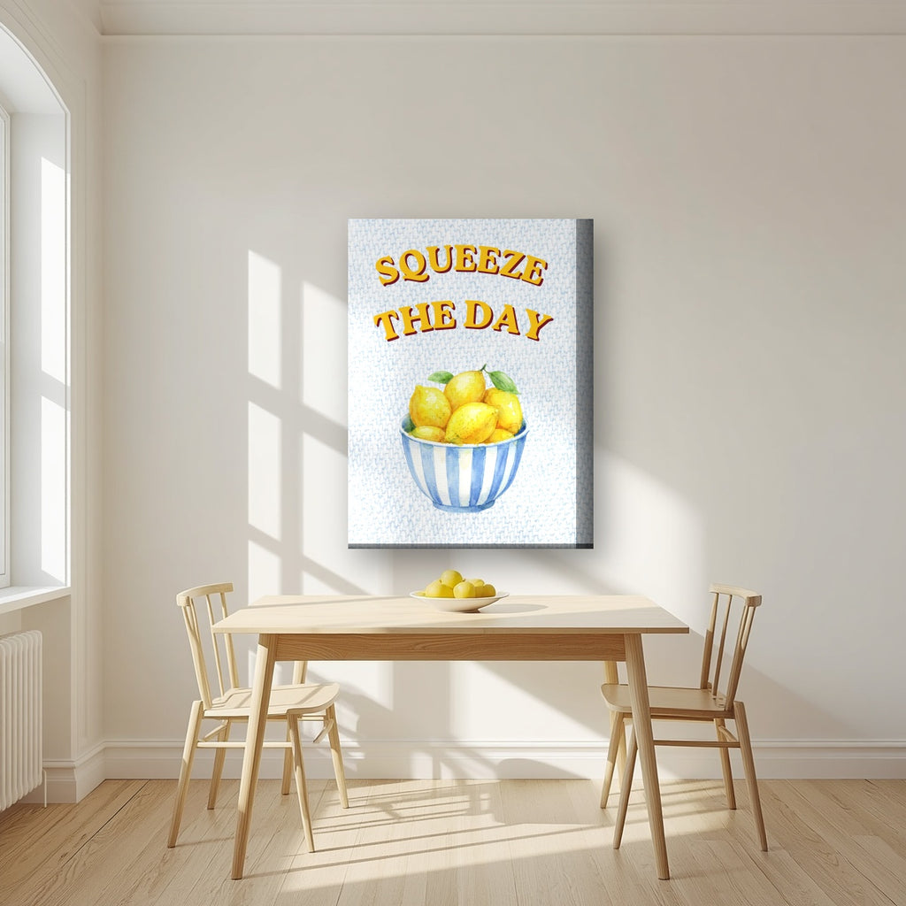 Squeeze The Day – Amalfi Aqua on a thick-edge canvas, above a dining table in a bright kitchen